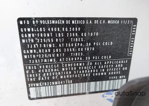 2022 Volkswagen Taos 1.5T S from USA, damaged, VIN 3VVMX7B22NM041708